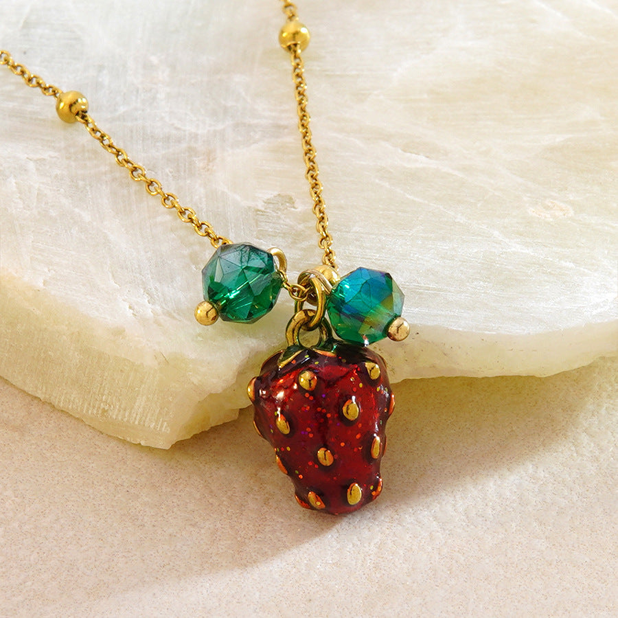 Sweet Geometric Round Stainless Steel Plated Strawberry Pendant Necklace Singapore Chain