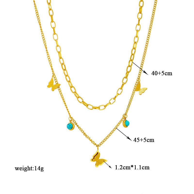Fashionable Two-Tier Layered Turquoise Butterfly Pendant Necklace in Titanium Steel with Plated Finish for Women