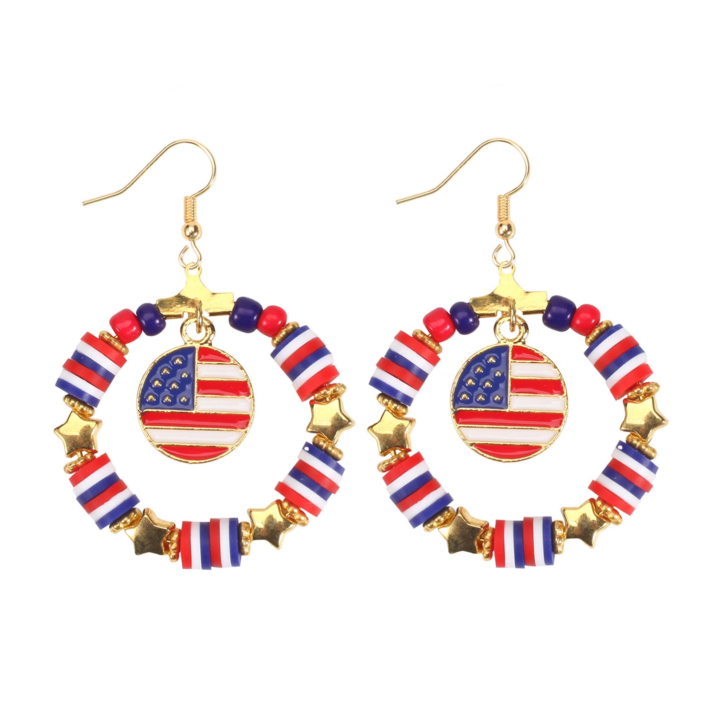 Patriotic Round Star Heart Rhinestone Plated Brass Earrings for Women