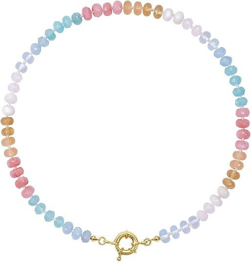 Sweet 8mm Natural Stone Bead Necklace Stainless Steel Geometric Round Ball Chain for Women