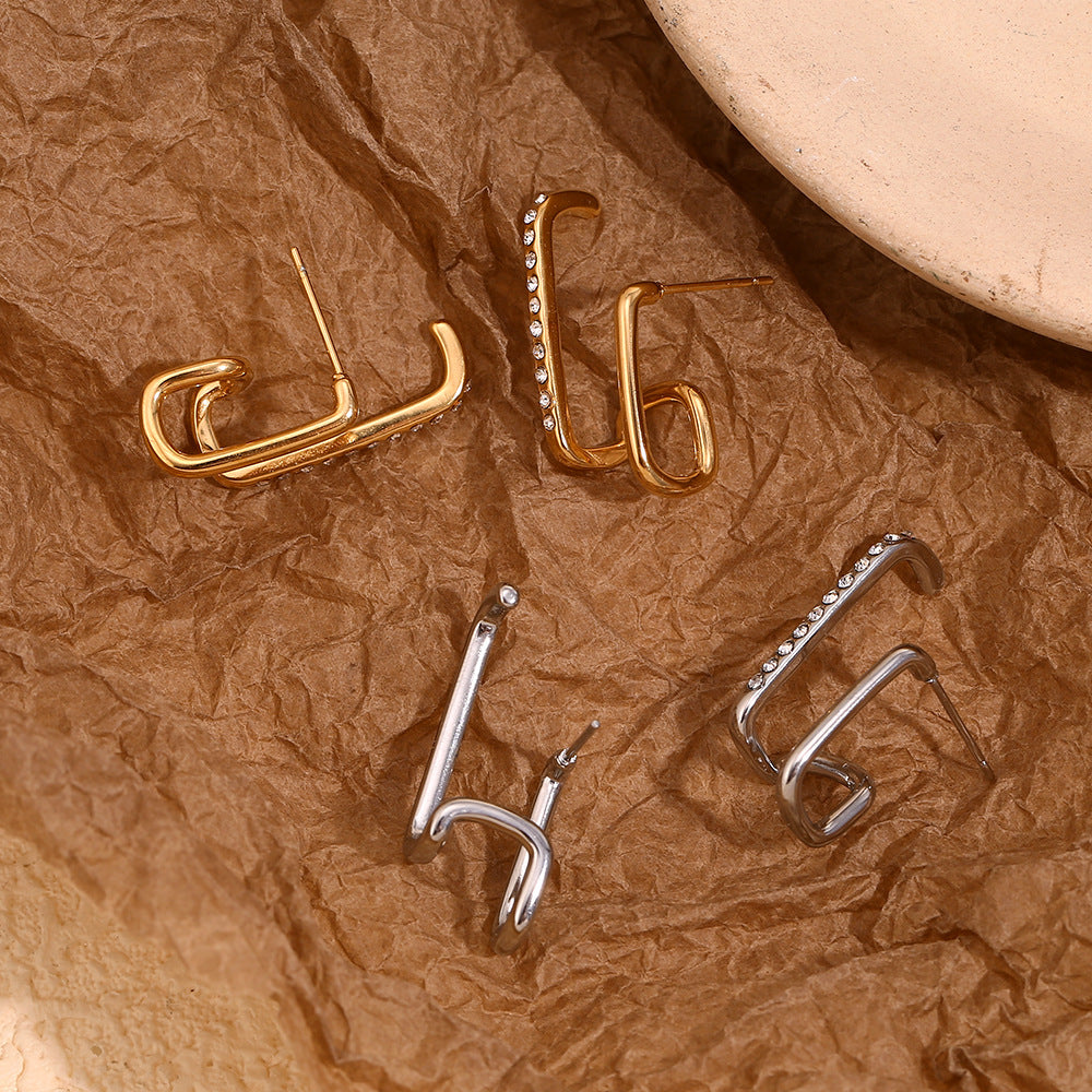 Minimalist Geometric Stainless Steel Earrings with 18K Gold Plating for Women Asymmetric Double-Layer Studs