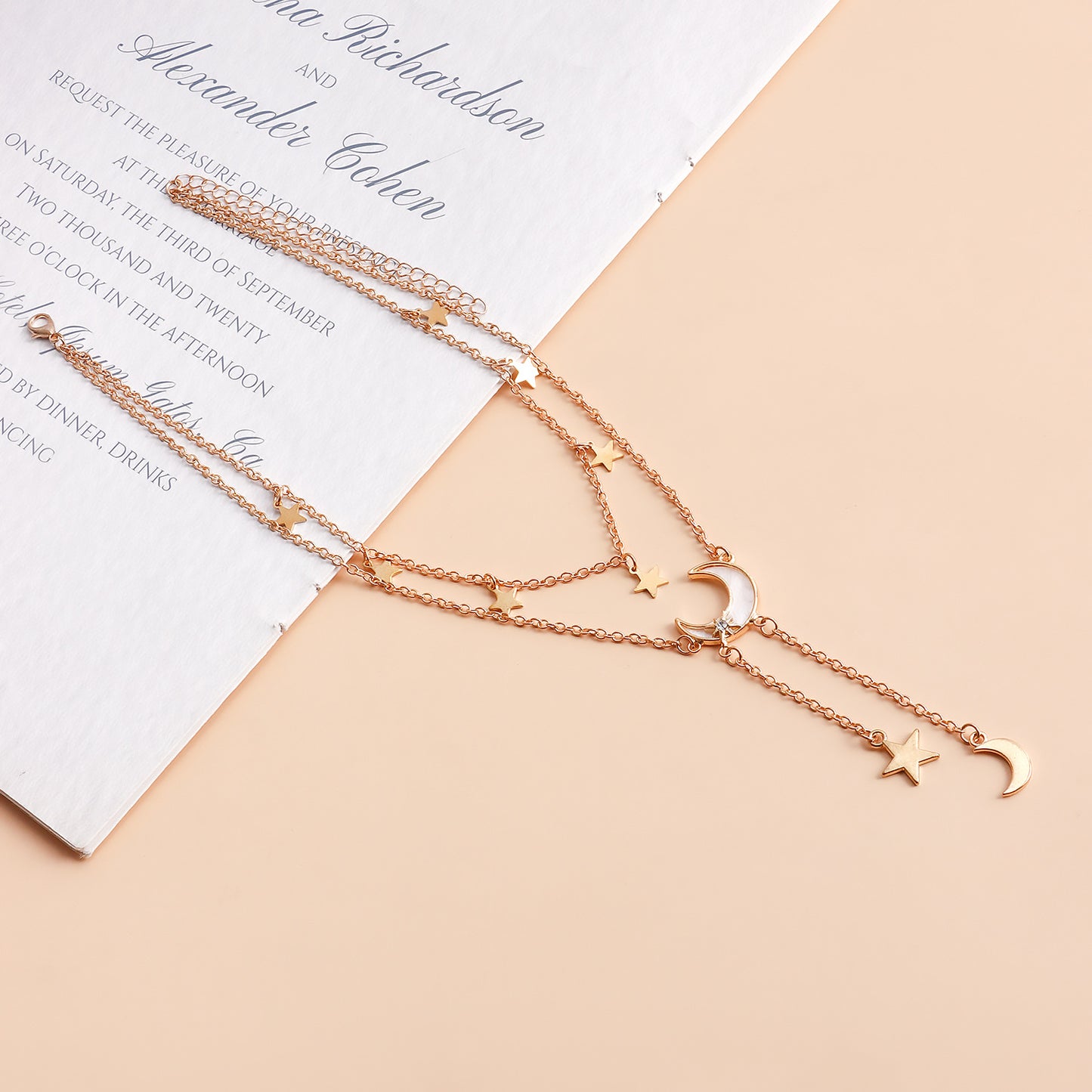 Fashionable Y-Shaped Double-Layer Long Tassel Necklace for Women with Star and Crescent Pendant in Alloy with Plated Finish