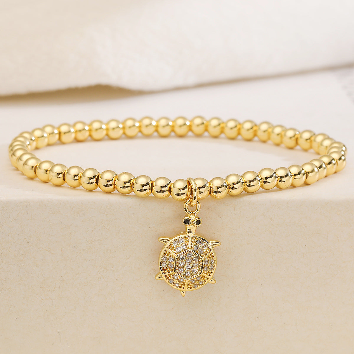 Fashion Cute 18K Gold Plated Cubic Zirconia Turtle Animal Brass Ball Chain Bracelet for Women