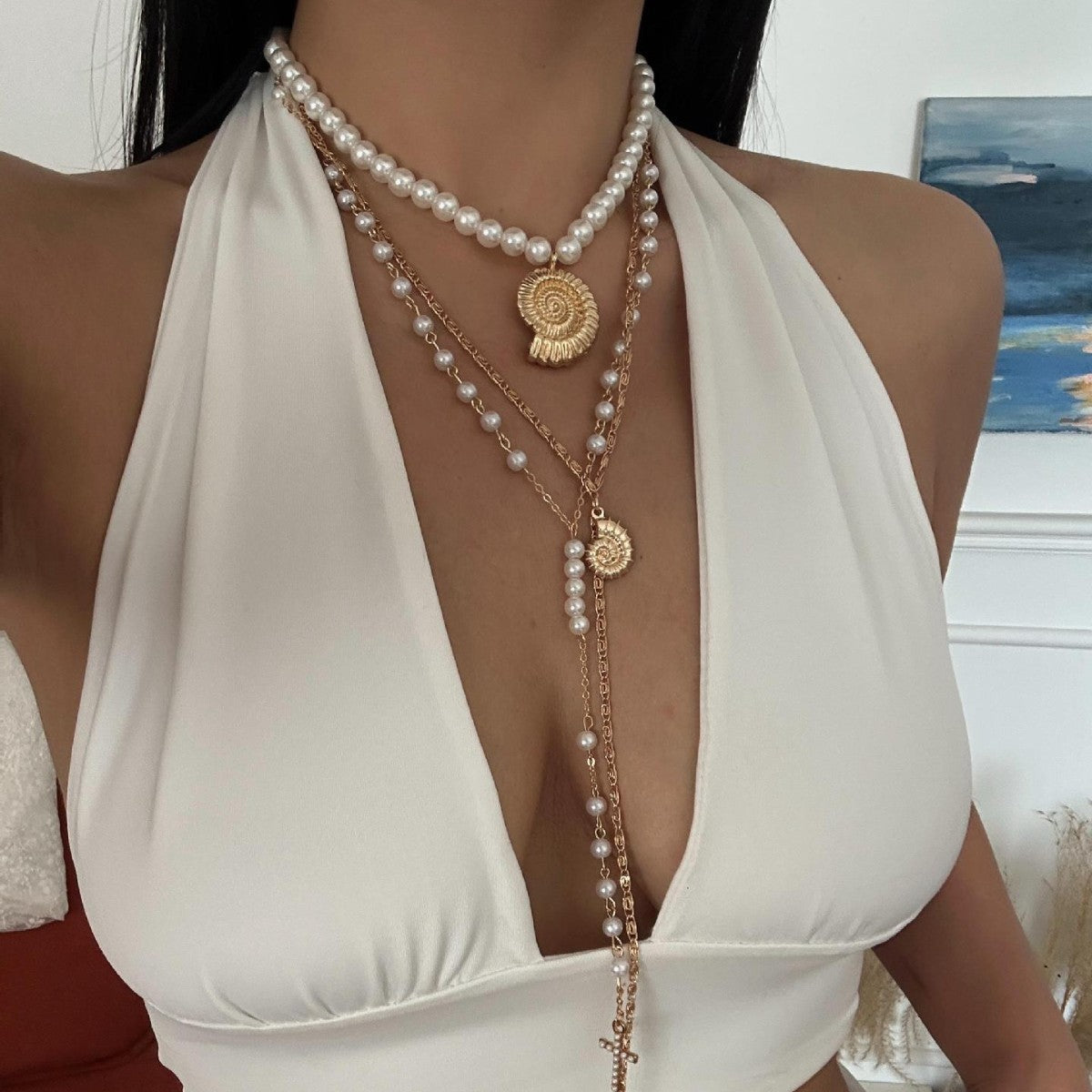 Hip-hop Casual Colorful Crystal Plated Alloy Conch Pearl Pendant Necklace Set for Women