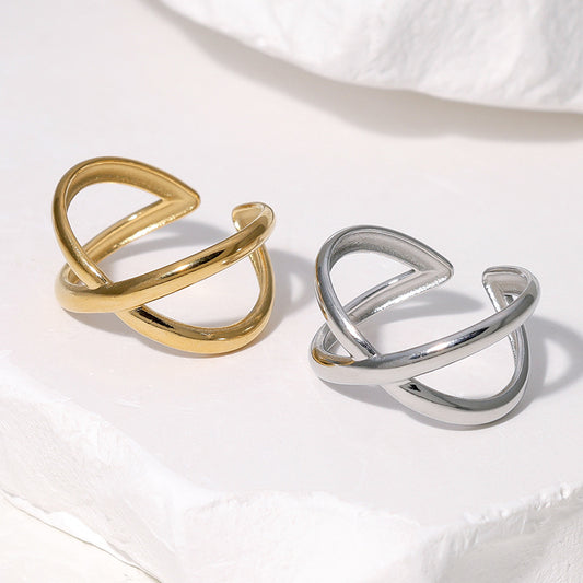 Minimalist Geometric Titanium Steel Adjustable Open Ring for Women with Gold Plating and Fade-Resistant Finish