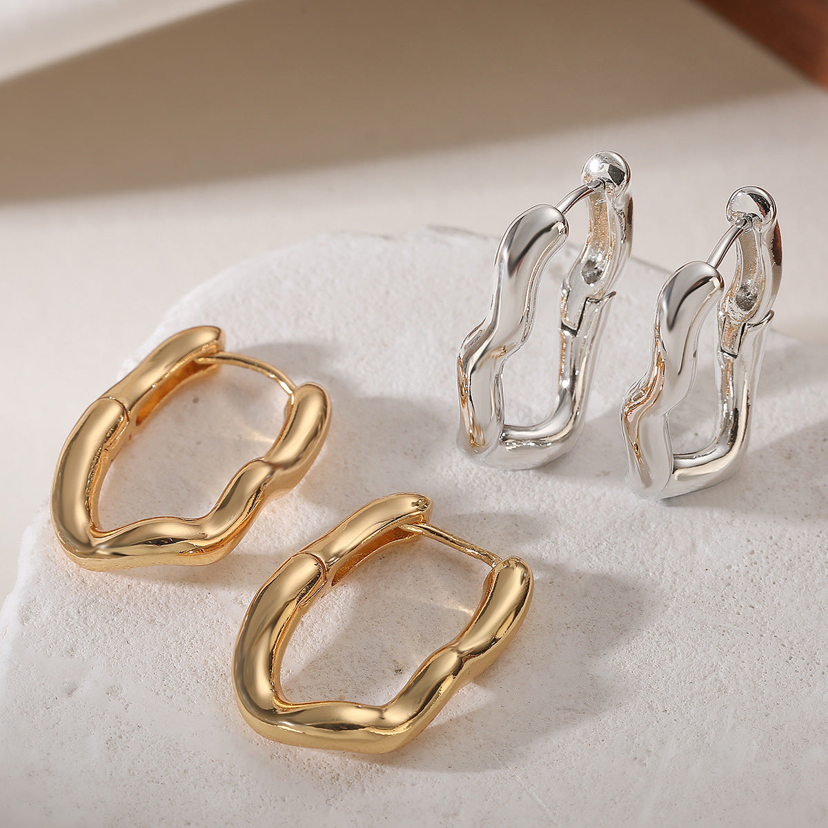 Casual Minimalist Geometric Gold Plated Brass Irregular Hoop Earrings for Women