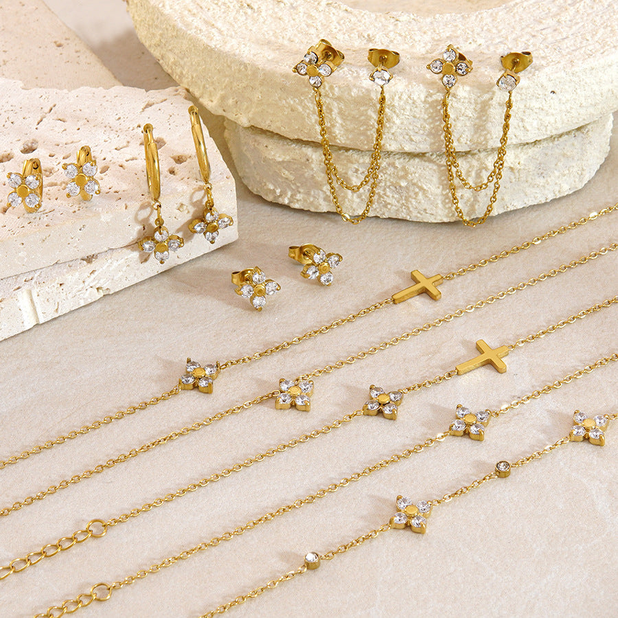 Sweet Elegant 18K Gold Plated Stainless Steel Cross Floral Necklace and Earring Set with Cubic Zirconia