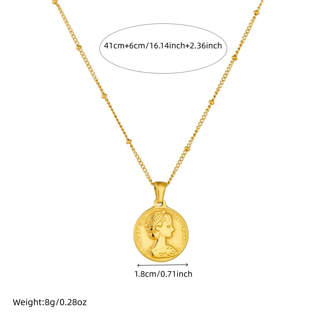 Vintage Gold Plated Round Geometric Relief Portrait Pendant Stainless Steel Necklace for Women