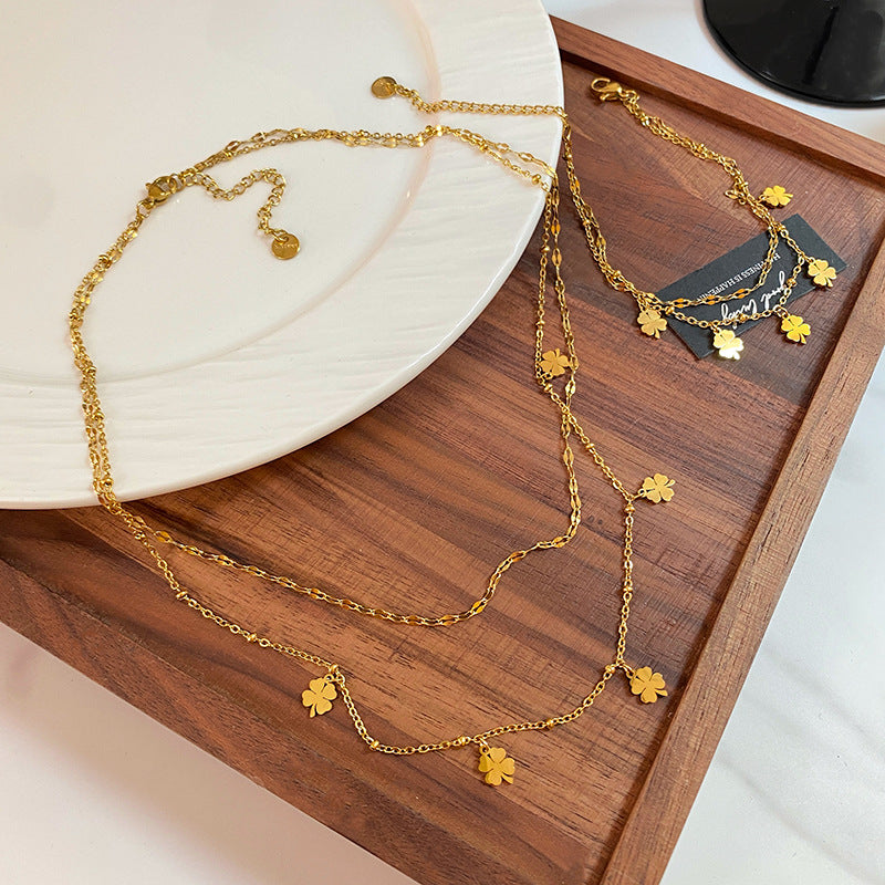 Gold Plated Titanium Steel Four-Leaf Clover Lip Chain Bracelet Set