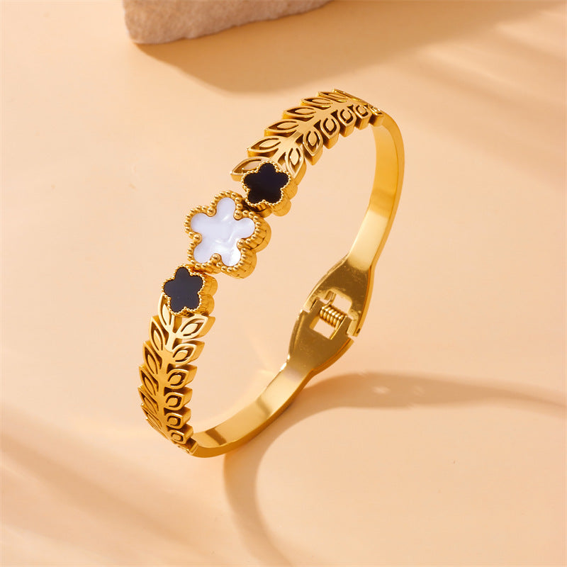 Bracciale vintage minimalista da lavoro placcato in acciaio inossidabile con motivo floreale e spiga di grano