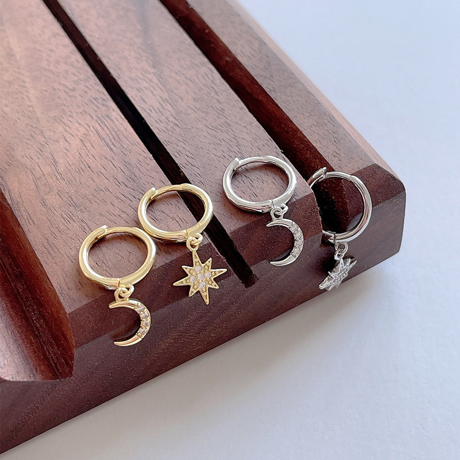 Sweet 925 Sterling Silver Star Moon Asymmetric Earrings with Rhinestone