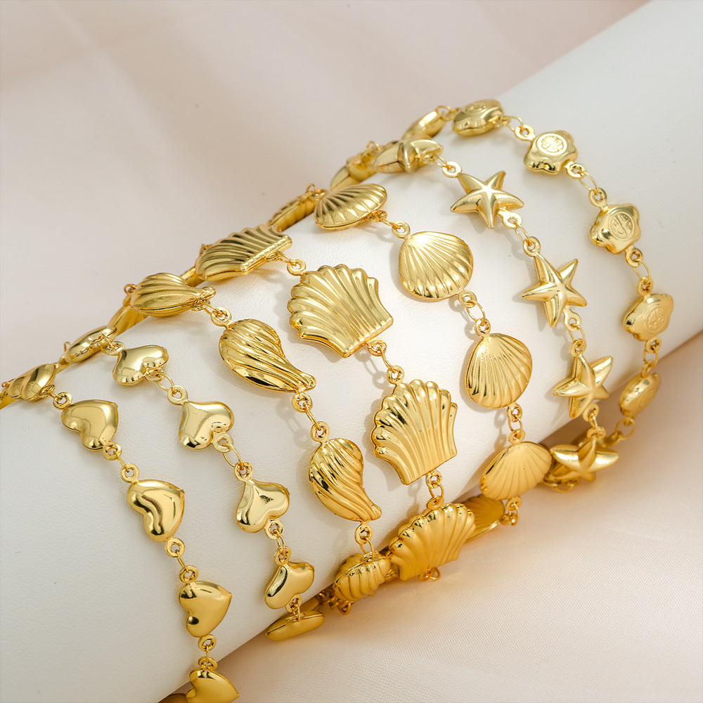Bracciale a goccia in acciaio inossidabile cavo con conchiglia hip hop, forma a cuore geometrica a goccia d'acqua e accento a croce placcato oro