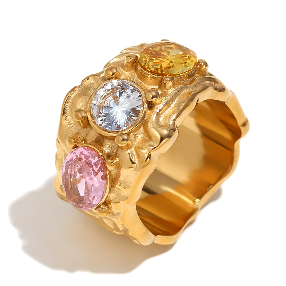 Fashionable Geometric Stainless Steel Plated 18K Gold Irregular Micro-Pave Cast Bracelet and Ring Set