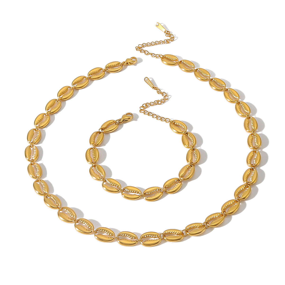 Minimalist Shell-Shaped Pendant Necklace and Bracelet Set in Stainless Steel with 18K Gold Plating for Women
