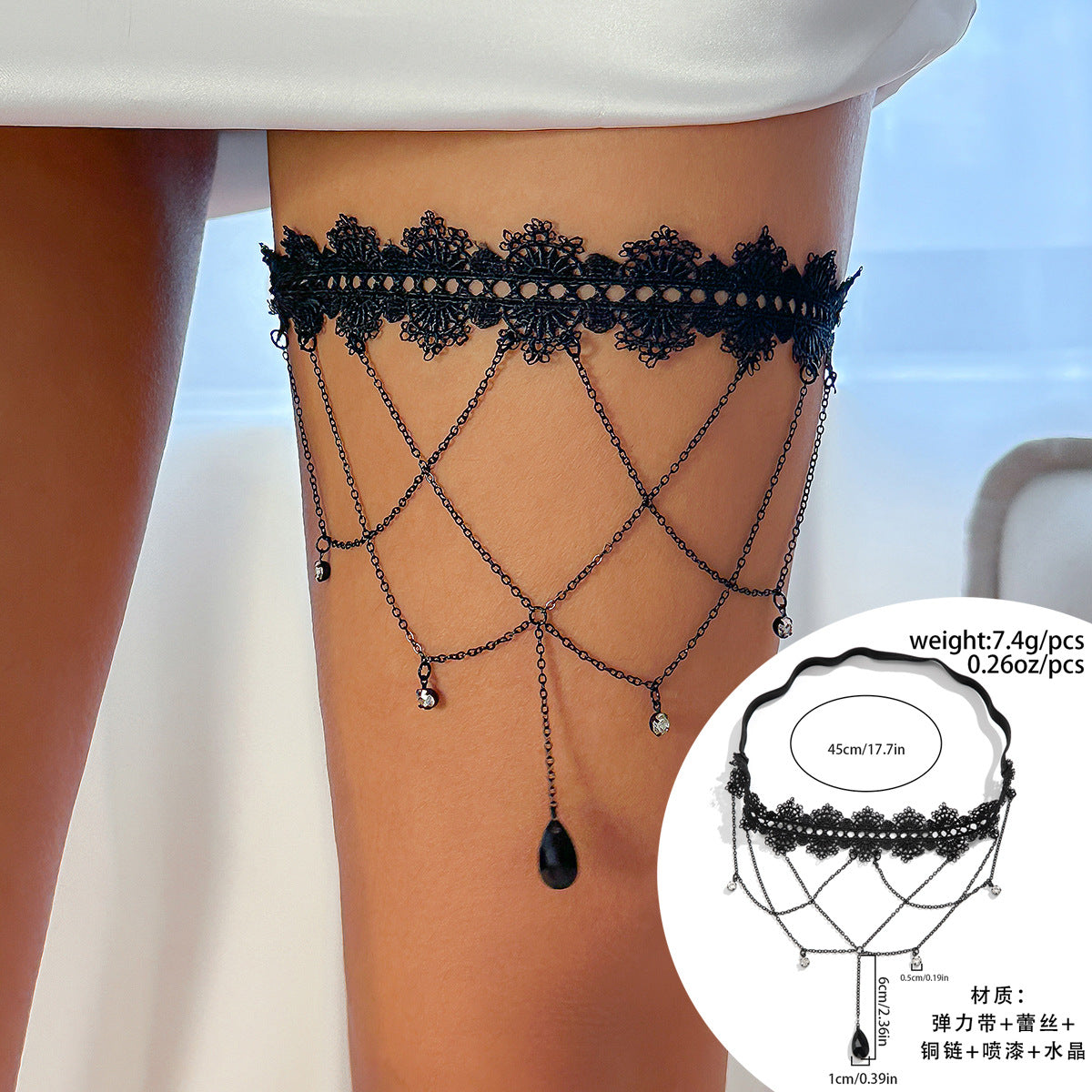 Cavigliera Minimalista Floreale con Struttura in Lega e Intarsi di Gemme Artificiali, Catena per Caviglia Elastica Multistrato con Rifinitura in Pizzo e Dettaglio Nappa