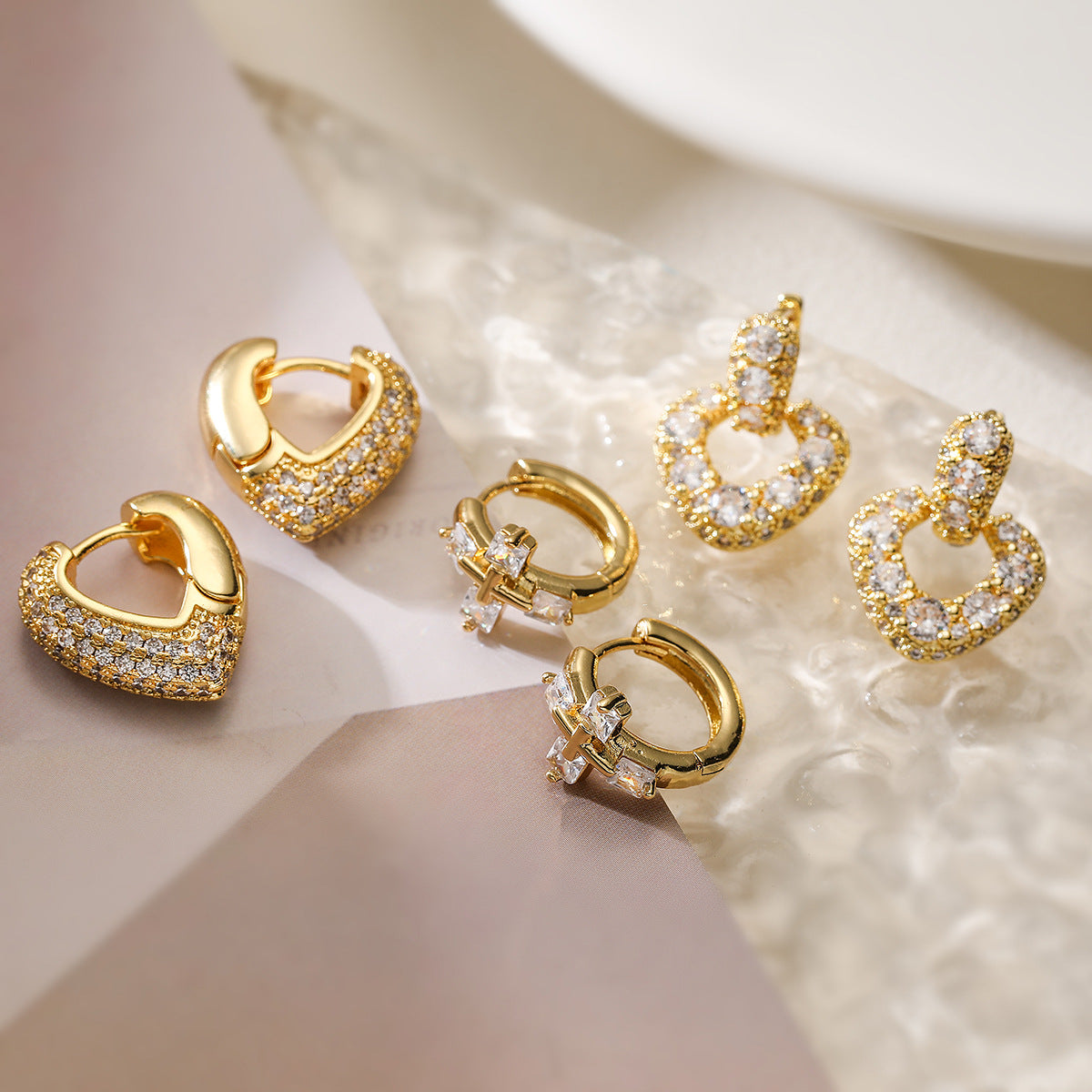 Minimalist Heart Cross Earrings for Women in Copper with 18K Gold Plating and Zircon Inlay