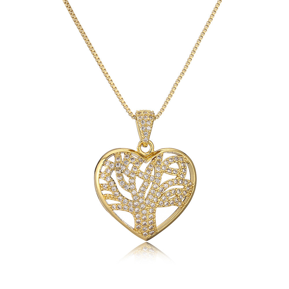 Minimalist Bowknot Tree of Life Heart Pendant Necklace for Women in Copper with Gold Plating and Zircon Inlay