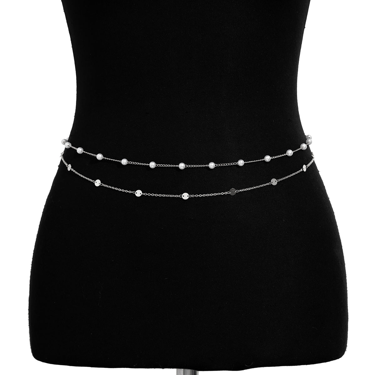 Minimalist Geometric Faux Pearl Plated Alloy Double Layer Waist Chain for Women
