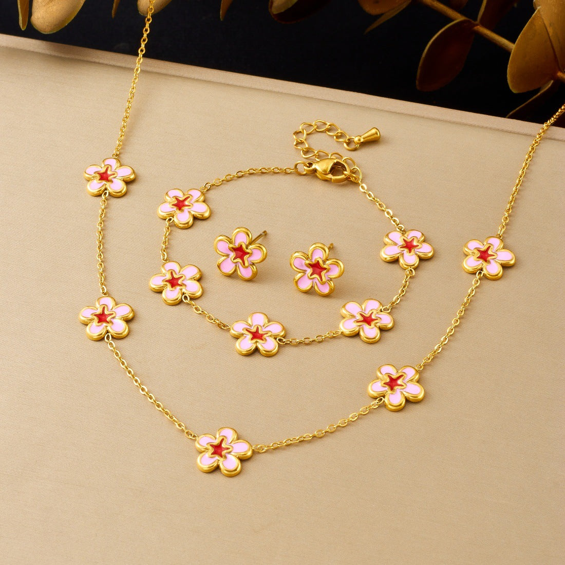 Sweet Minimalist Gold Plated Drip Oil Floral Stainless Steel Necklace Set for Women