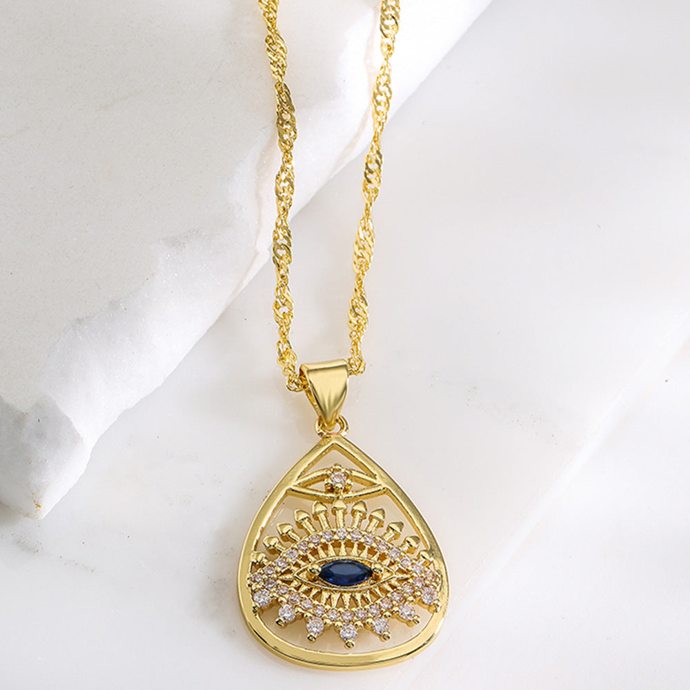 Geometric Pendant Necklace for Women with Copper Base Plated in 18K Gold and Zircon Eye Detail