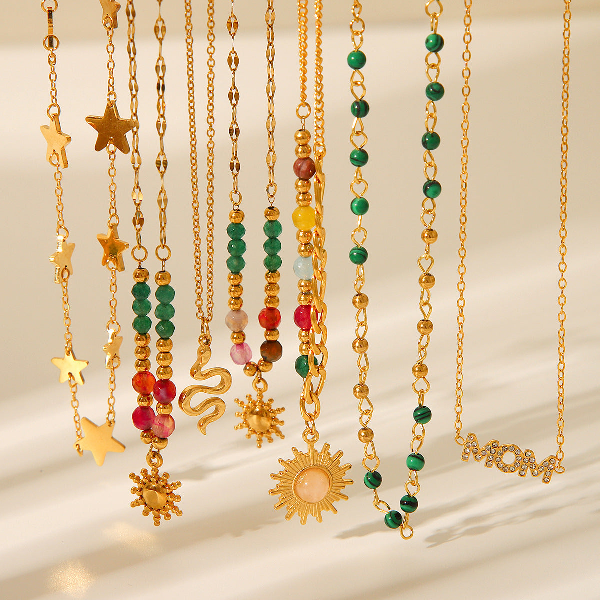 Vintage French Court Style 18K Gold Plated Stainless Steel Geometric Sun Pendant Necklace for Women with Natural Stone Beads