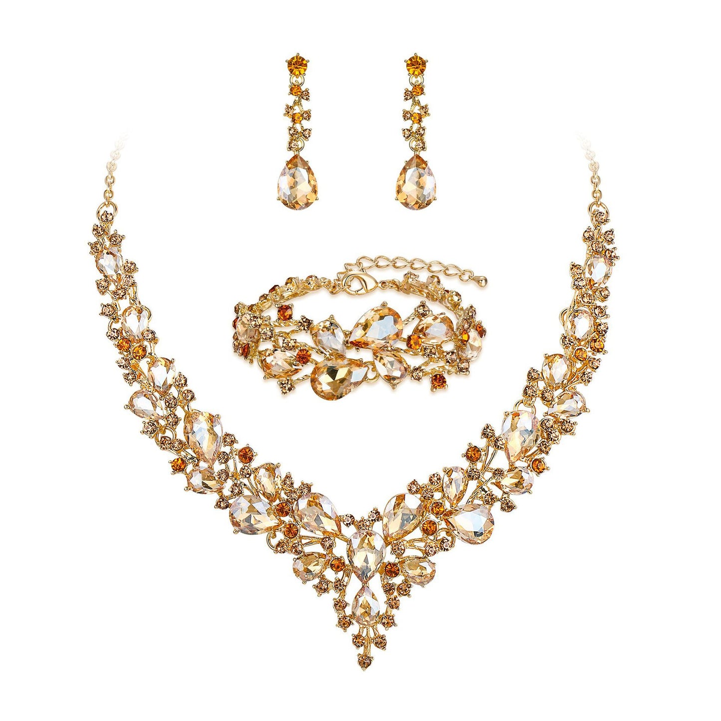 Elegant Waterdrop Floral Pattern Rhinestone Pendant Necklace Earrings Bracelet Set for Women with Alloy Base and Plated Finish