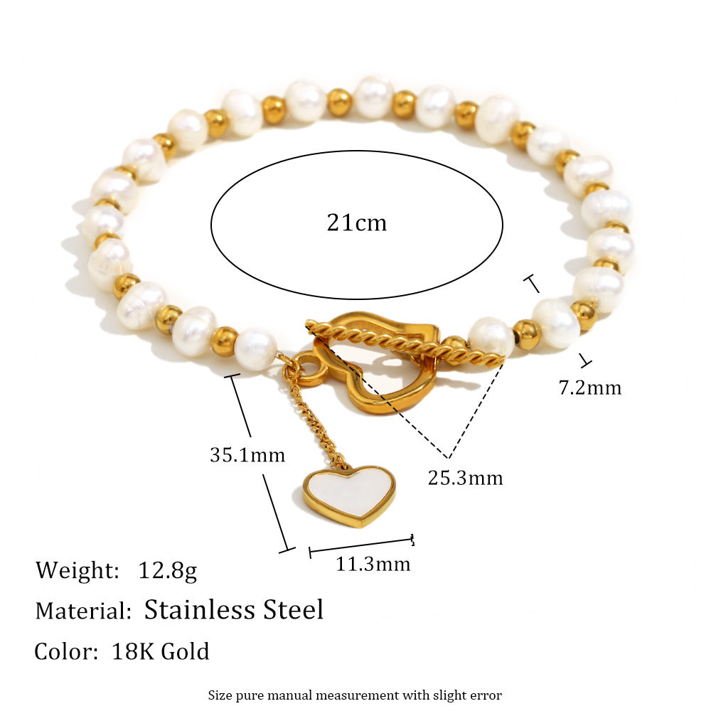 Minimalist Geometric Stainless Steel Plated 18K Gold Pearl Heart Clasp Bracelet for Women