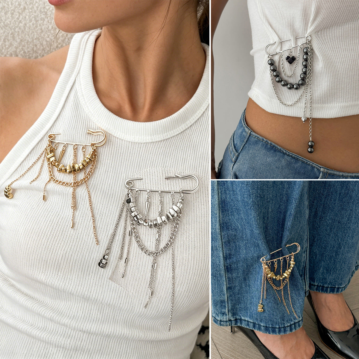 Elegant Geometric Round Plated Iron Brooch with Tassel Chain for Women