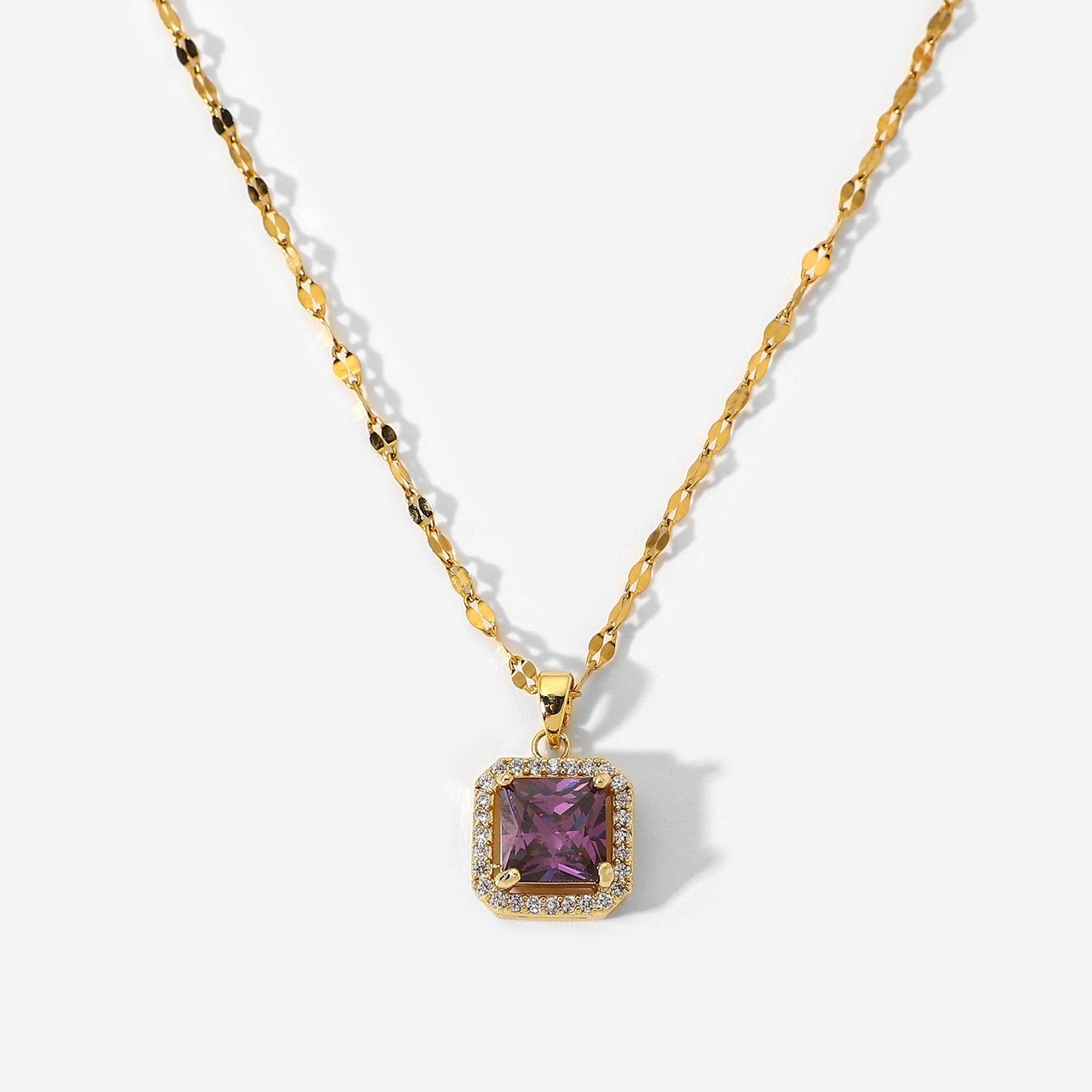 Trendy 18K Gold Plated Stainless Steel Necklace with Purple Square Zircon Pendant for Women