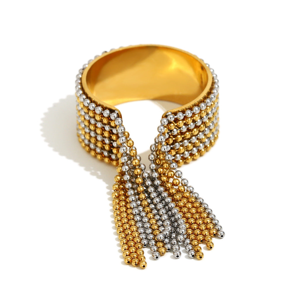 Minimalist Geometric Stainless Steel Plated 18K Gold Beaded Tassel Wide Cuff Bracelet for Women