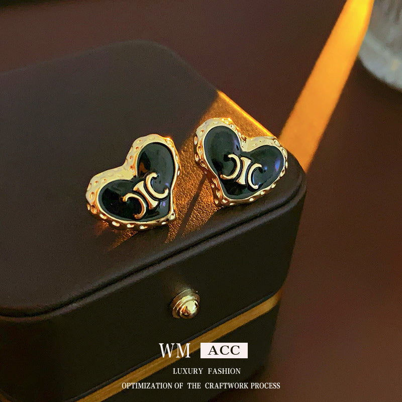Vintage Geometric Earrings with Black Enamel and Pearl Accents on 925 Sterling Silver Posts