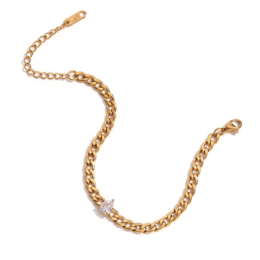 Minimalist Fashionable Women's Stainless Steel Plated 18K Gold Round Zircon Snake Chain Bracelet with Geometric Design