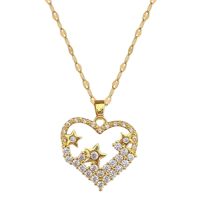 Luxury Titanium Steel Geometric Star Pendant Necklace for Women with Rhinestone Inlay, Adjustable Chain Length 21-50 cm