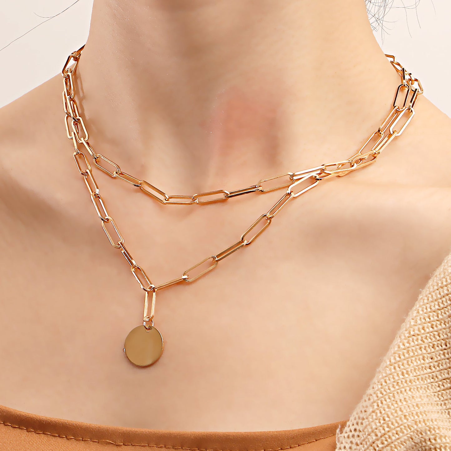 Punk Style Geometric Alloy Choker Necklace with Plated Finish and Double Hoop Design