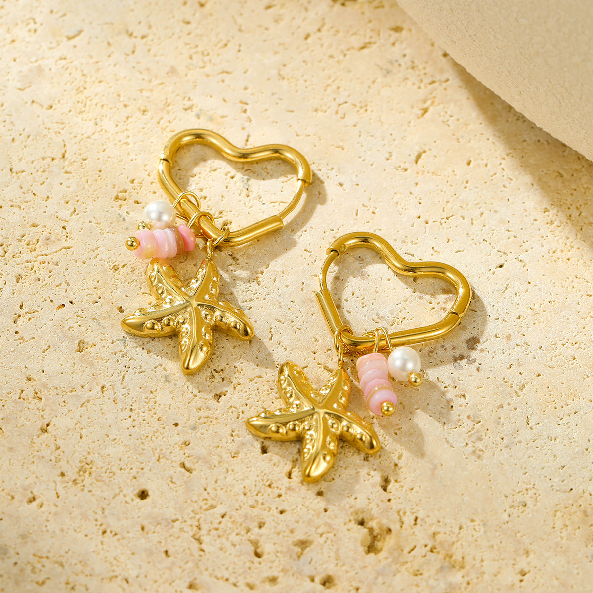 Pendientes de acero inoxidable con forma de estrella de mar, estilo vacacional, con incrustaciones de piedra natural para mujer