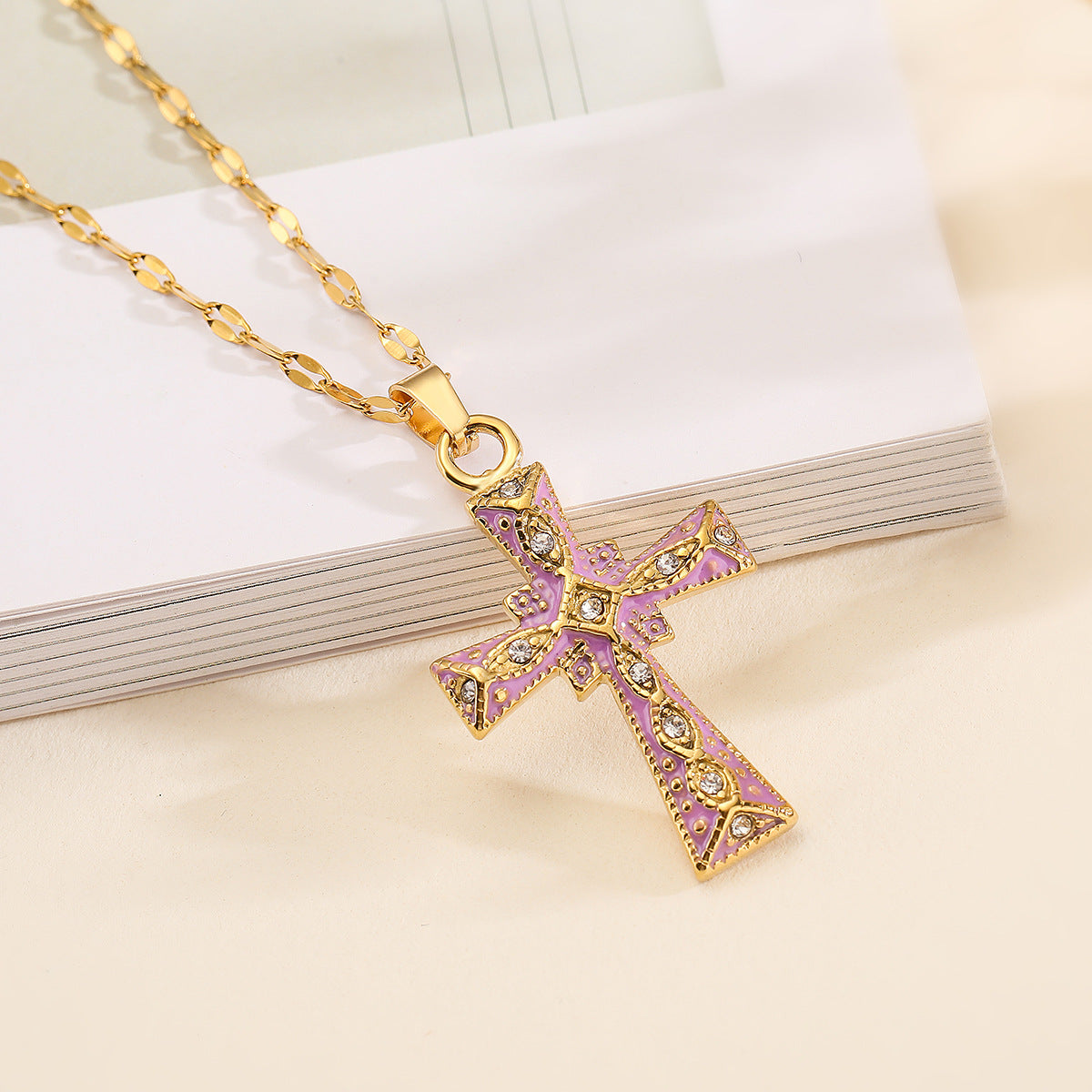 Minimalist Cross Pendant Necklace for Women in Copper with 18K Gold Plating and Enamel Finish