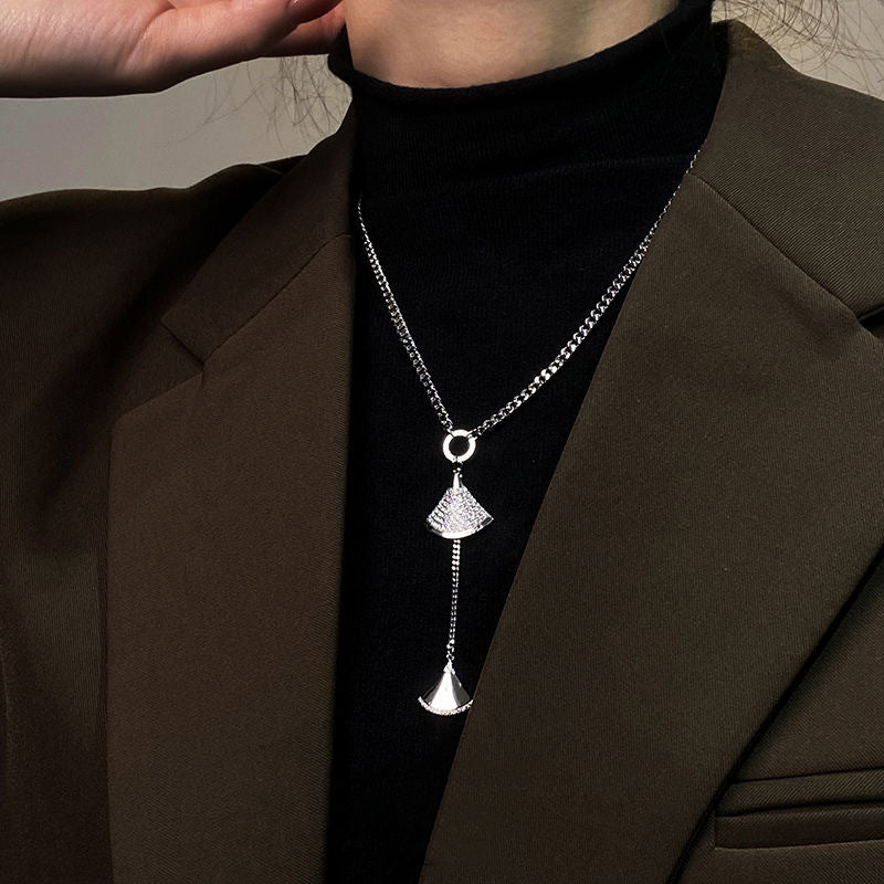 Minimalist Fan-Shaped Titanium Steel Pendant Necklace with Micro-Pavé Zirconia for Women, Electroplated Waterwave Chain