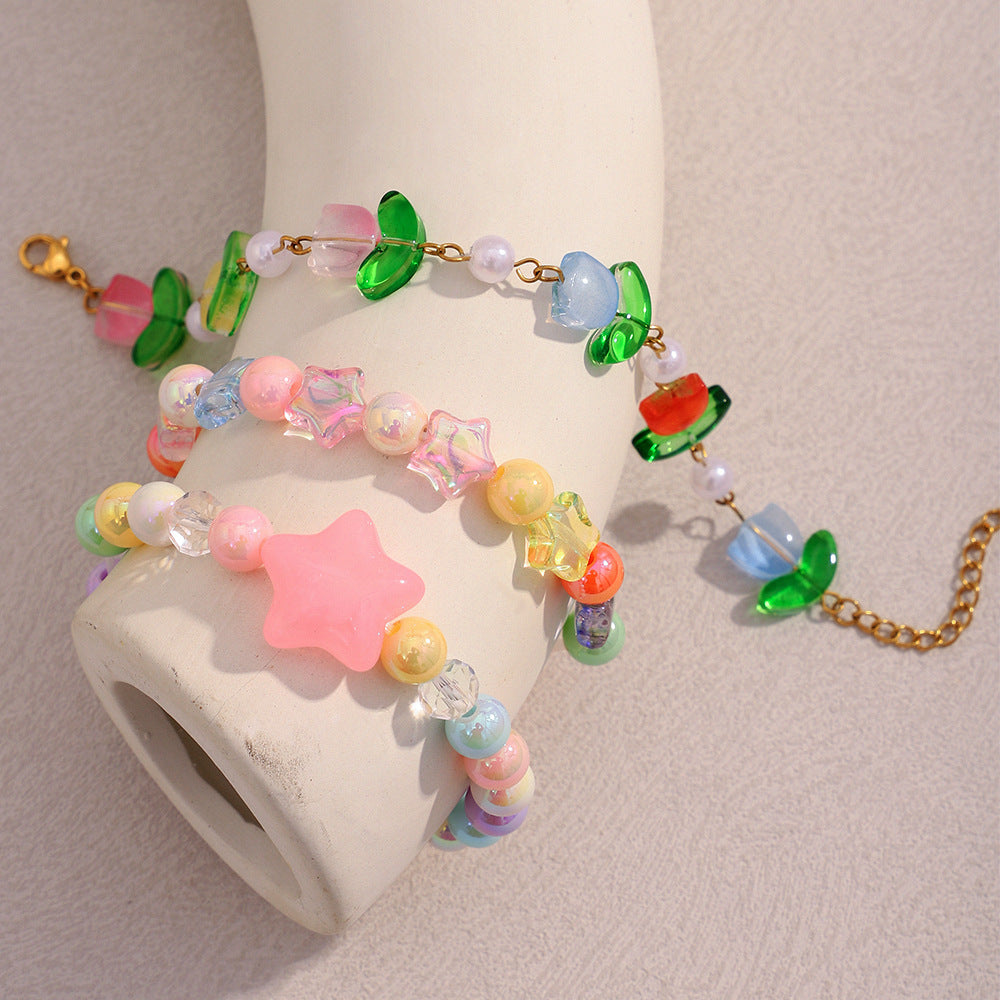 Fashionable Star-Shaped Acrylic Bracelet with Floral Pattern for Women, Handmade Colorful Bangle for Anniversary Gift