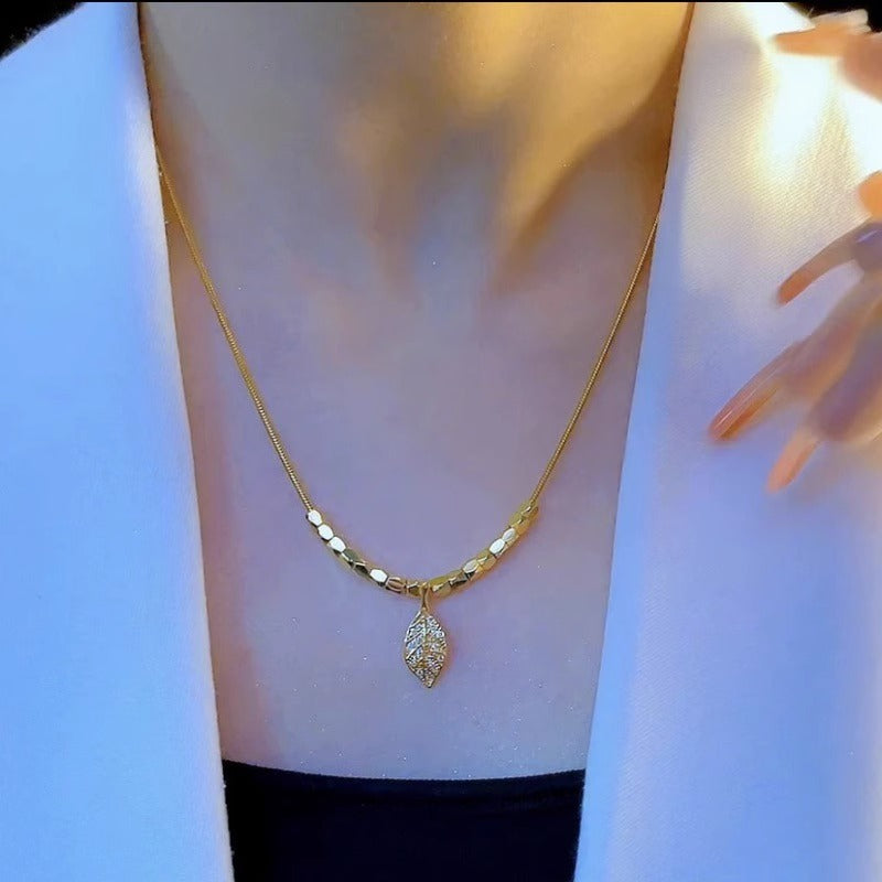 Minimalist Leaf Pendant Necklace in Titanium Steel with Plated Finish for Women, Delicate Clavicle Chain