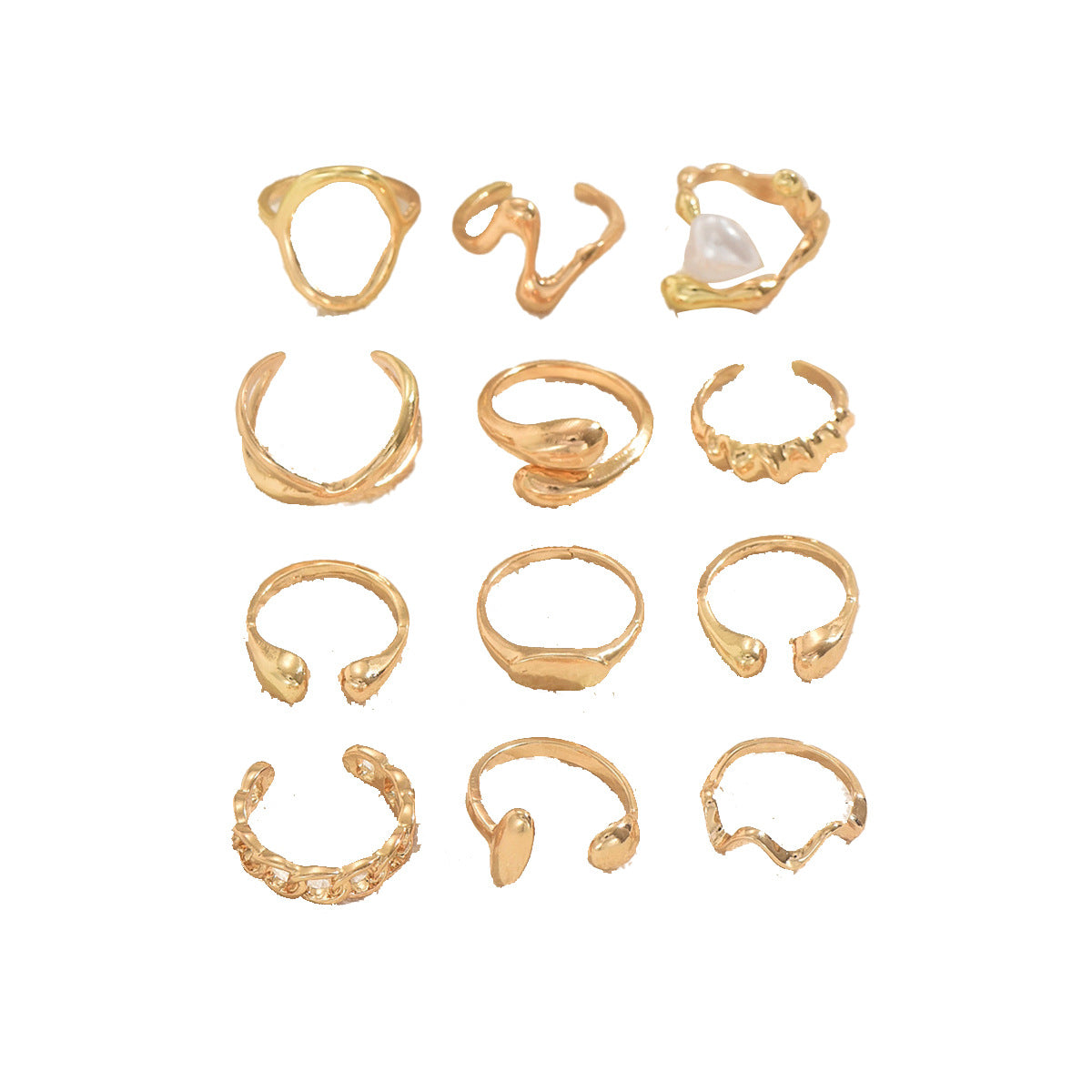 Conjunto de anillos abiertos minimalistas con forma de corazón geométrico con incrustaciones de perlas para mujer, joyería de moda de lujo de aleación de zinc