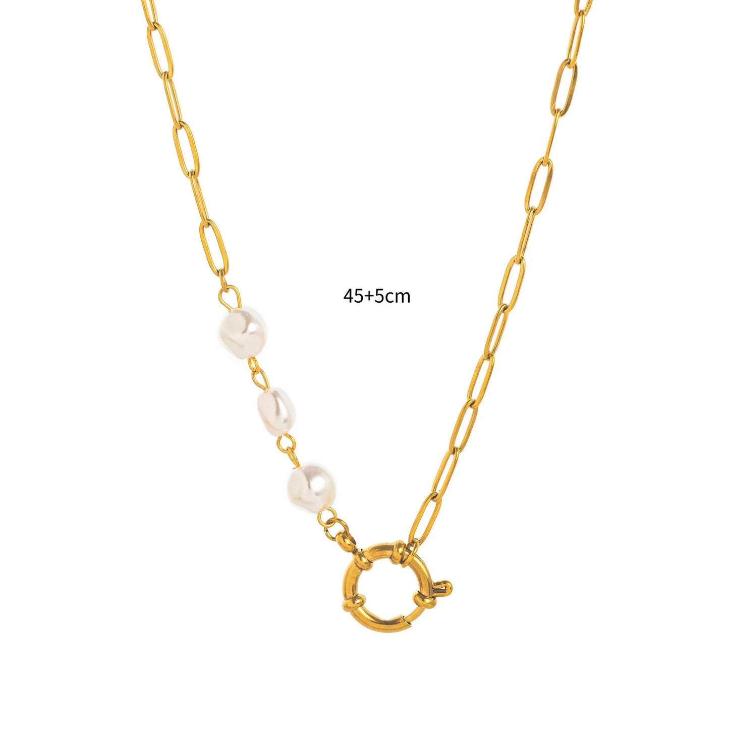 Minimalist 18K Gold Plated Geometric Titanium Steel Necklace with Pearl Paperclip Charm