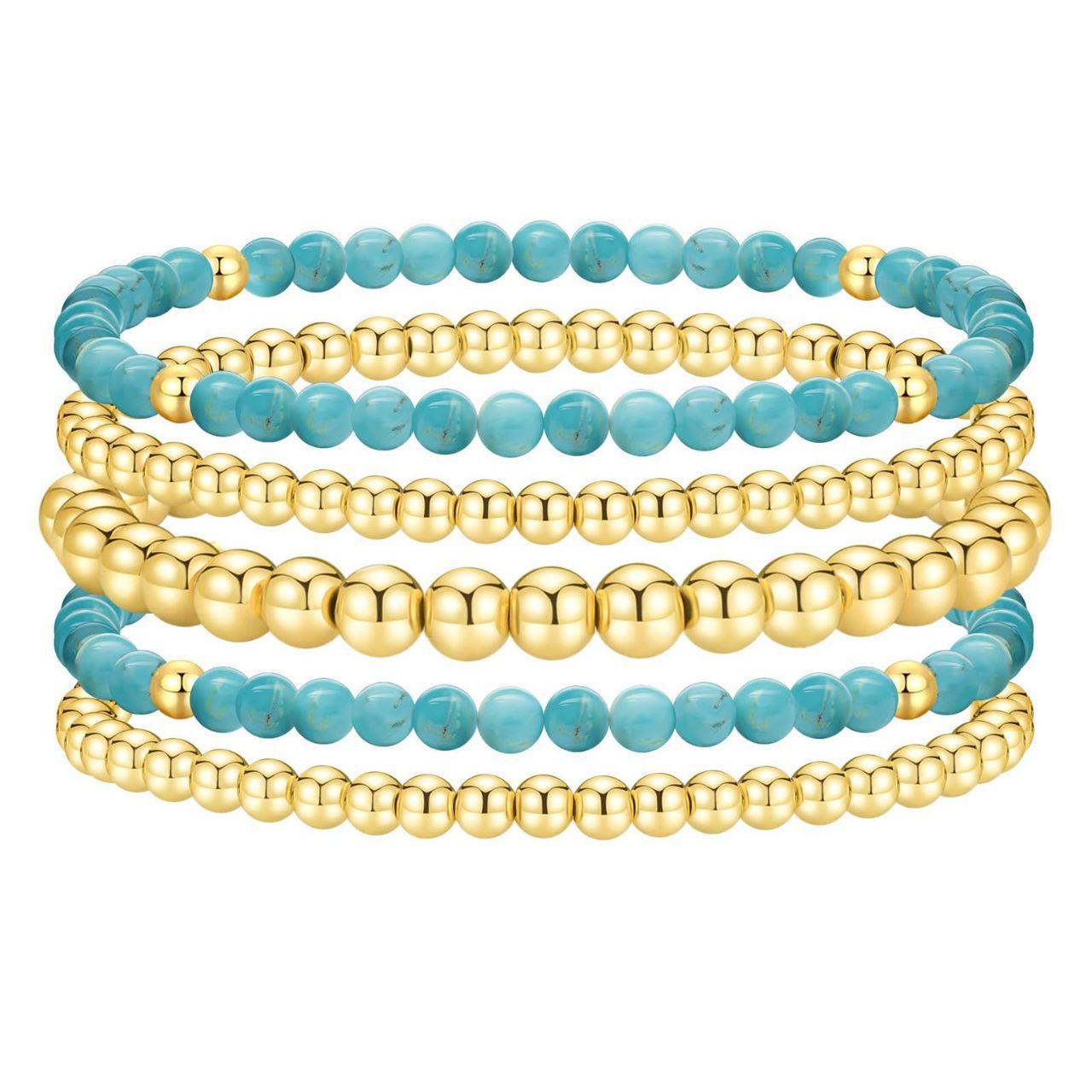Bohemian 14K Gold Plated Brass Geometric Round Turquoise Beaded Bracelet Set for Women