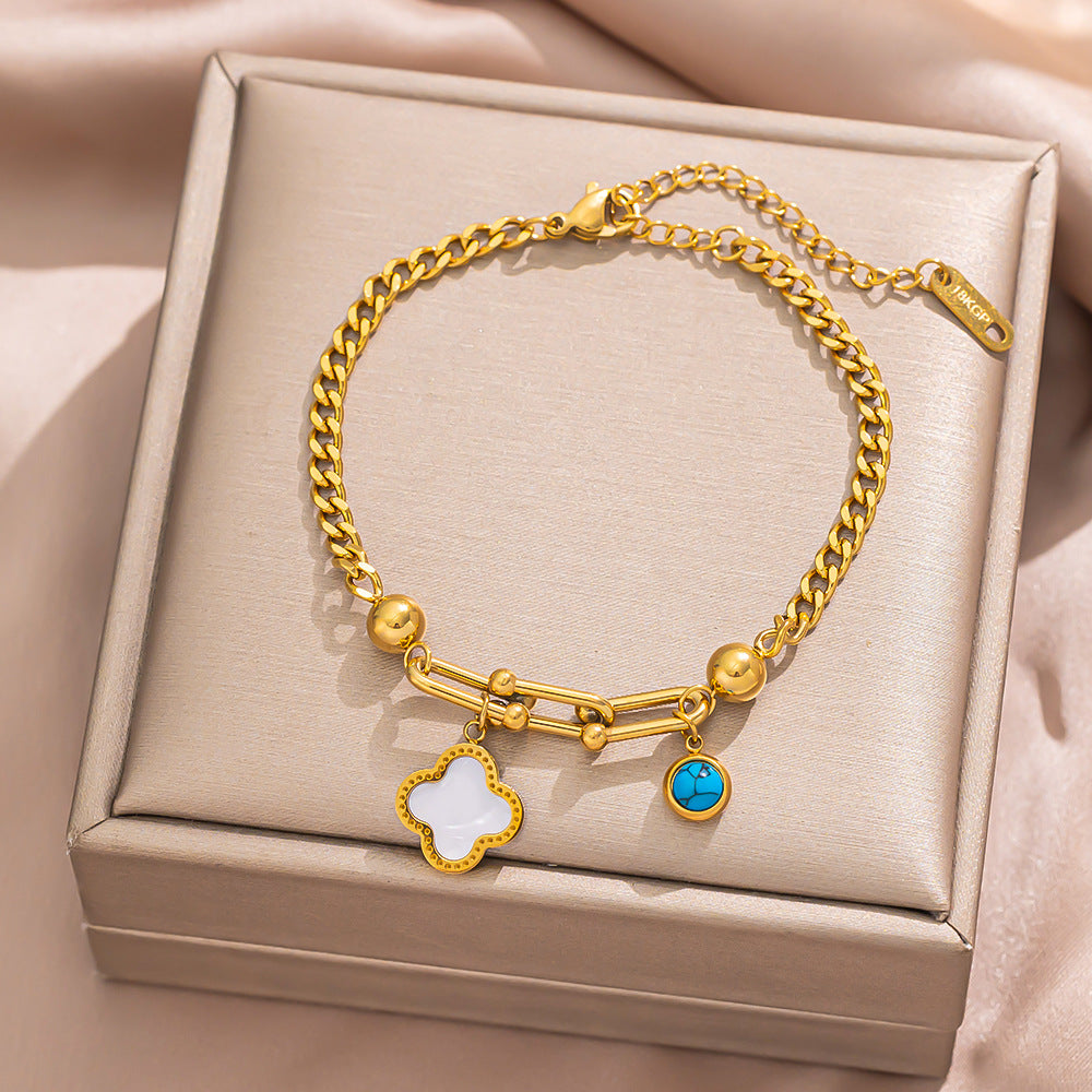 Geometric Stainless Steel Plated 18K Gold Butterfly-Shaped Bracelet with Turquoise Inlay and Horseshoe Clasp