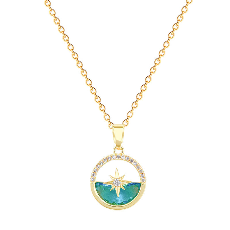 Sweet Geometric Star Moon Rhinestone Plated Titanium Steel Necklace with Brass Pendant Cable Chain for Unisex