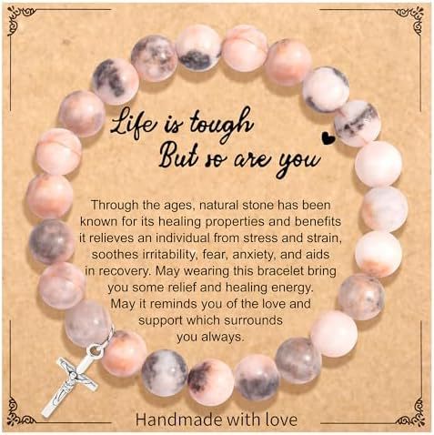 Minimalist Zebra Print Cross Natural Stone Beaded Bracelet Unisex
