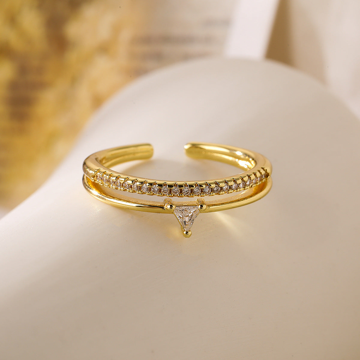 Minimalist Fashion Copper Ring with 18K Gold Plating and Zircon Inlay for Women, Irregular Open Band Design