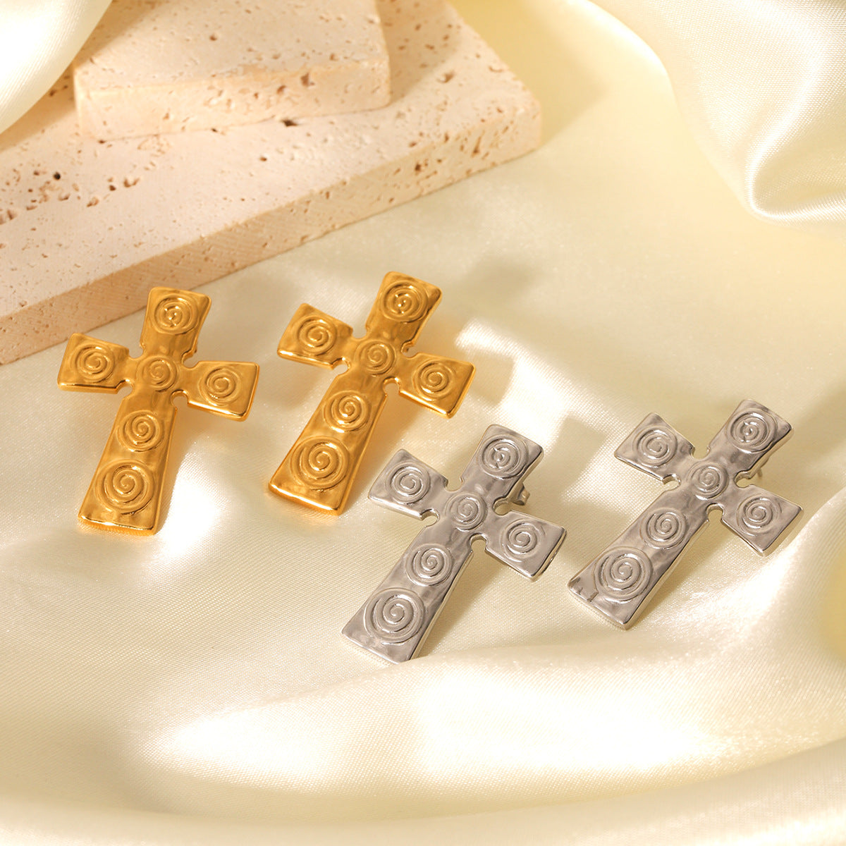 Retro Minimalist Cross-Shaped Stainless Steel Earrings with Textured Threaded Design for Women