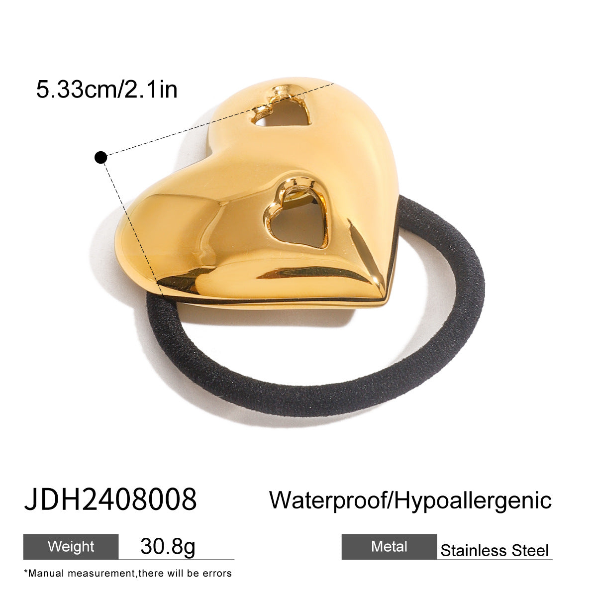 Cute Heart-Shaped Stainless Steel Hair Tie with Plated Finish for High Ponytail, Elastic Hair Band