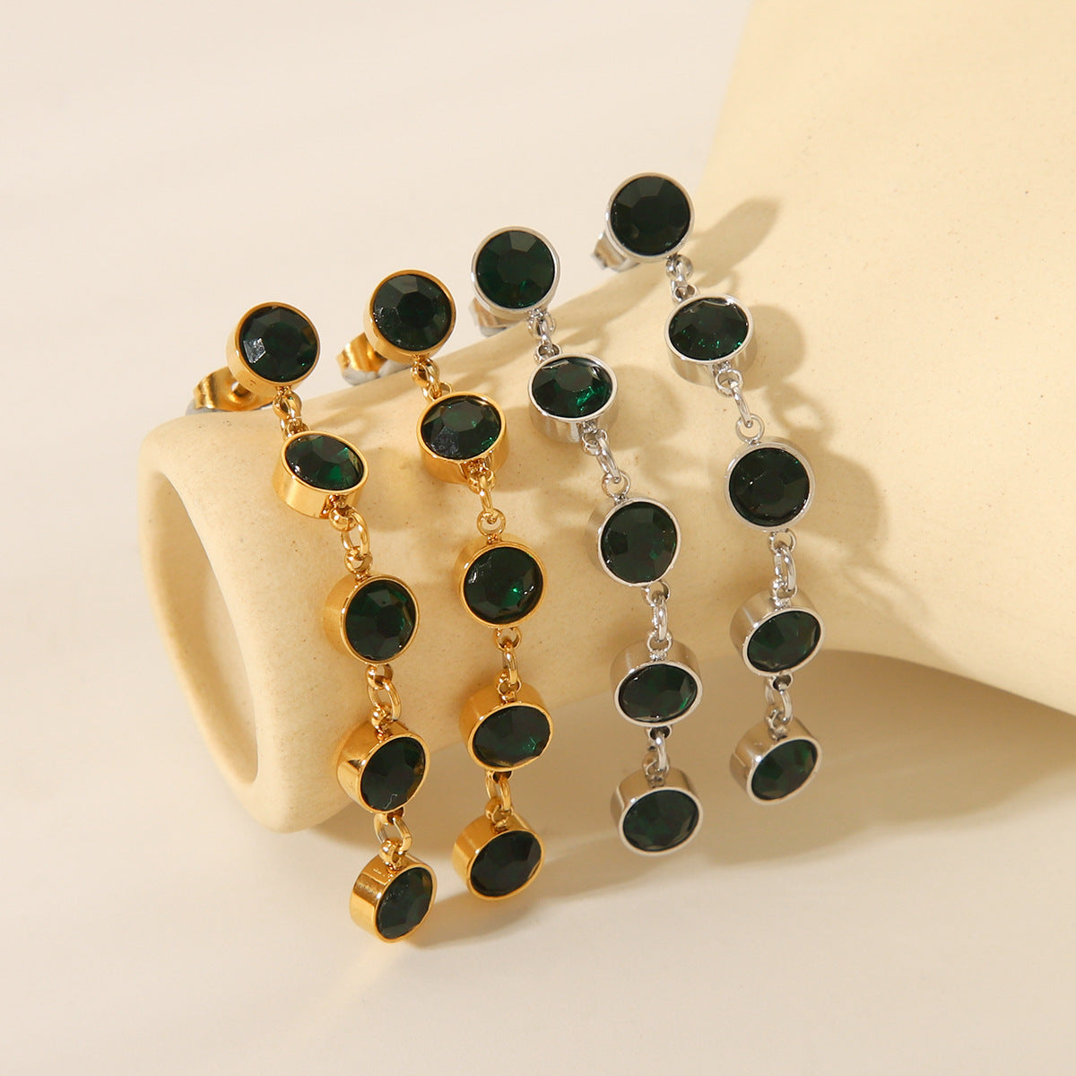 Fashionable Geometric Tassel 18K Gold Plated Stainless Steel Round Rhinestone Earrings for Women