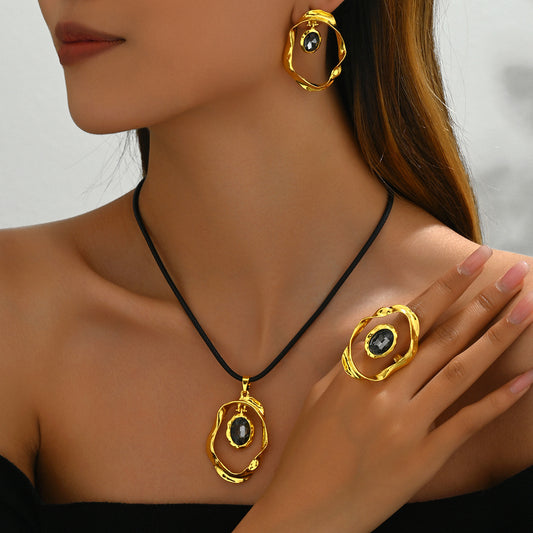 Conjunto de Collar, Pendientes y Anillo Irregulares Geométricos Minimalistas de Aleación con Incrustaciones de Cristal para Mujer